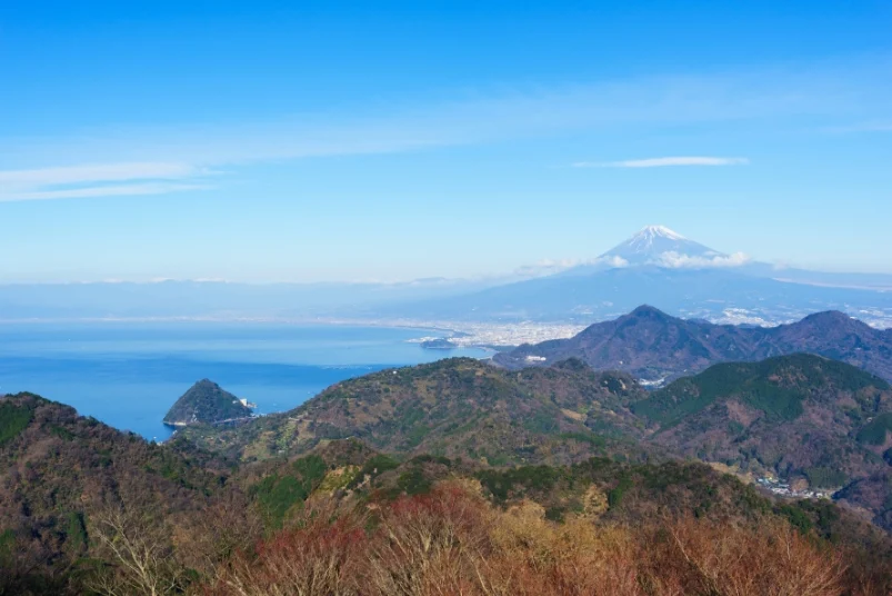 A scenic view of snow-capped Mount Fuji overlooking Suruga Bay and the Izu mountain range under a clear blue sky