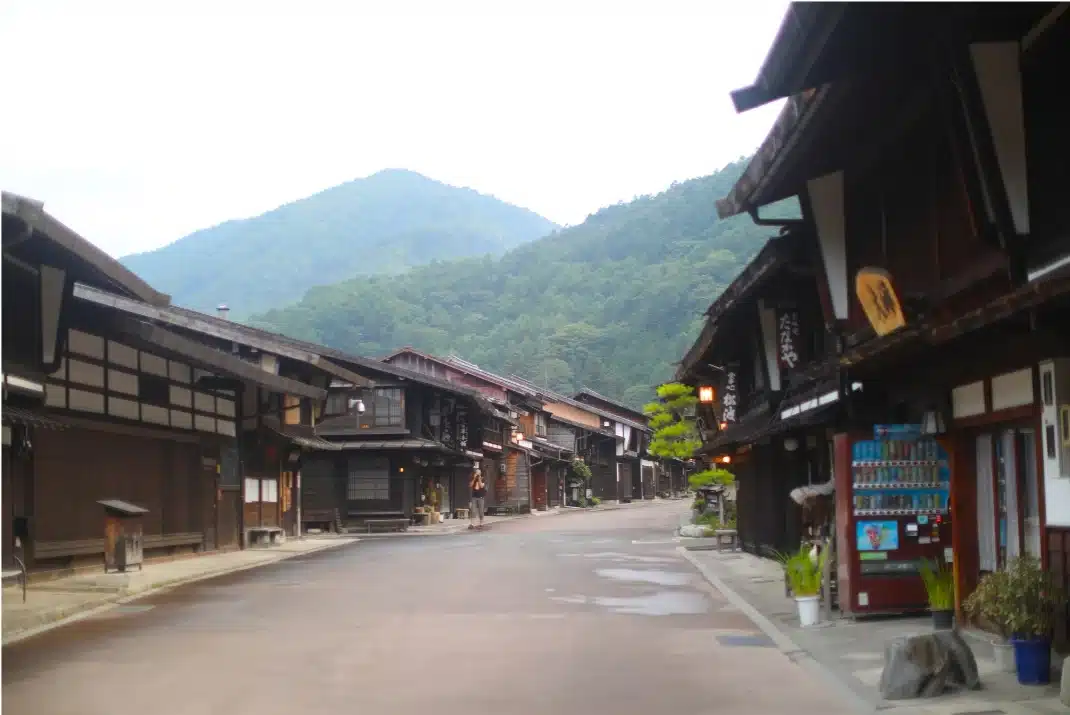 Traditional wooden buildings in Narai-juku historic post town on the Nakasendo trail in Nagano