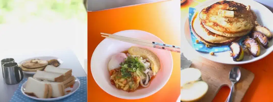 Collage of meals prepared on a campervan road trip, including sandwiches, hot Japanese tempura udon, and pancakes with fruit.