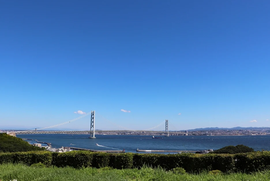 Akashi Kaikyo Bridge under a Clear Blue Sky: View from Awaji island