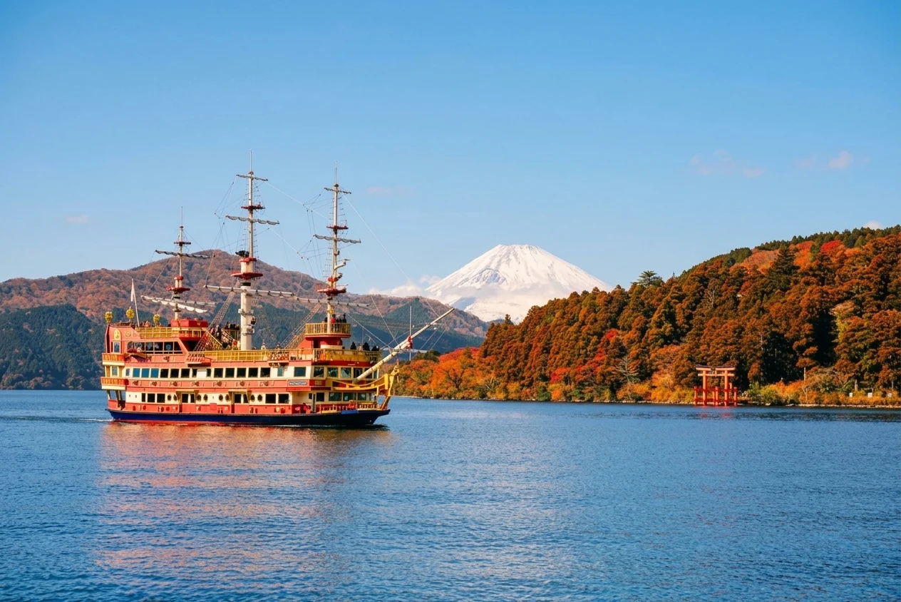 A photograph of Lake Ashi in Hakone on a clear day, with a red pirate-style sightseeing ship in the midground. The shoreline forests are in full, vibrant autumn colors—deep reds, oranges, and yellows. The snow-capped Mount Fuji is prominent in the background, towering over the landscape. A small torii gate of Hakone Shrine is visible on the right bank. The calm water reflects the autumn colors and the ship.