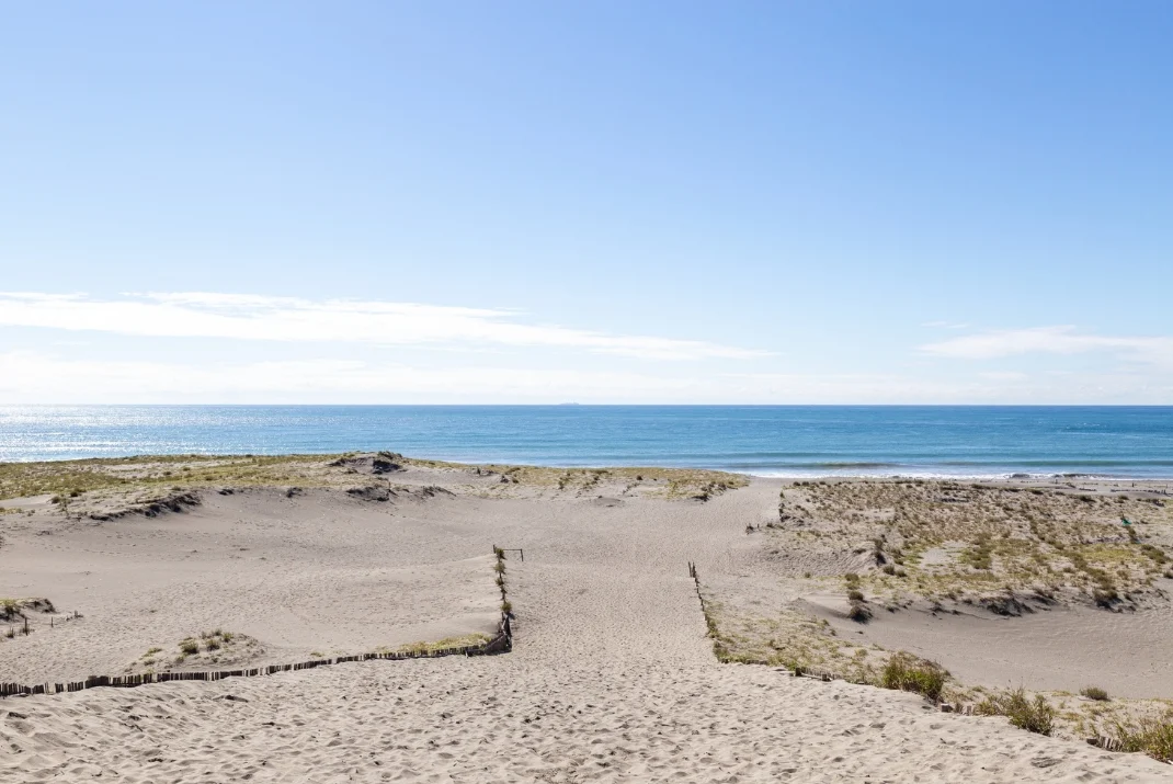 Wide sandy beach and dunes at Nakatajima Sand Dunes under a clear blue sky, looking out towards the blue ocean horizon.